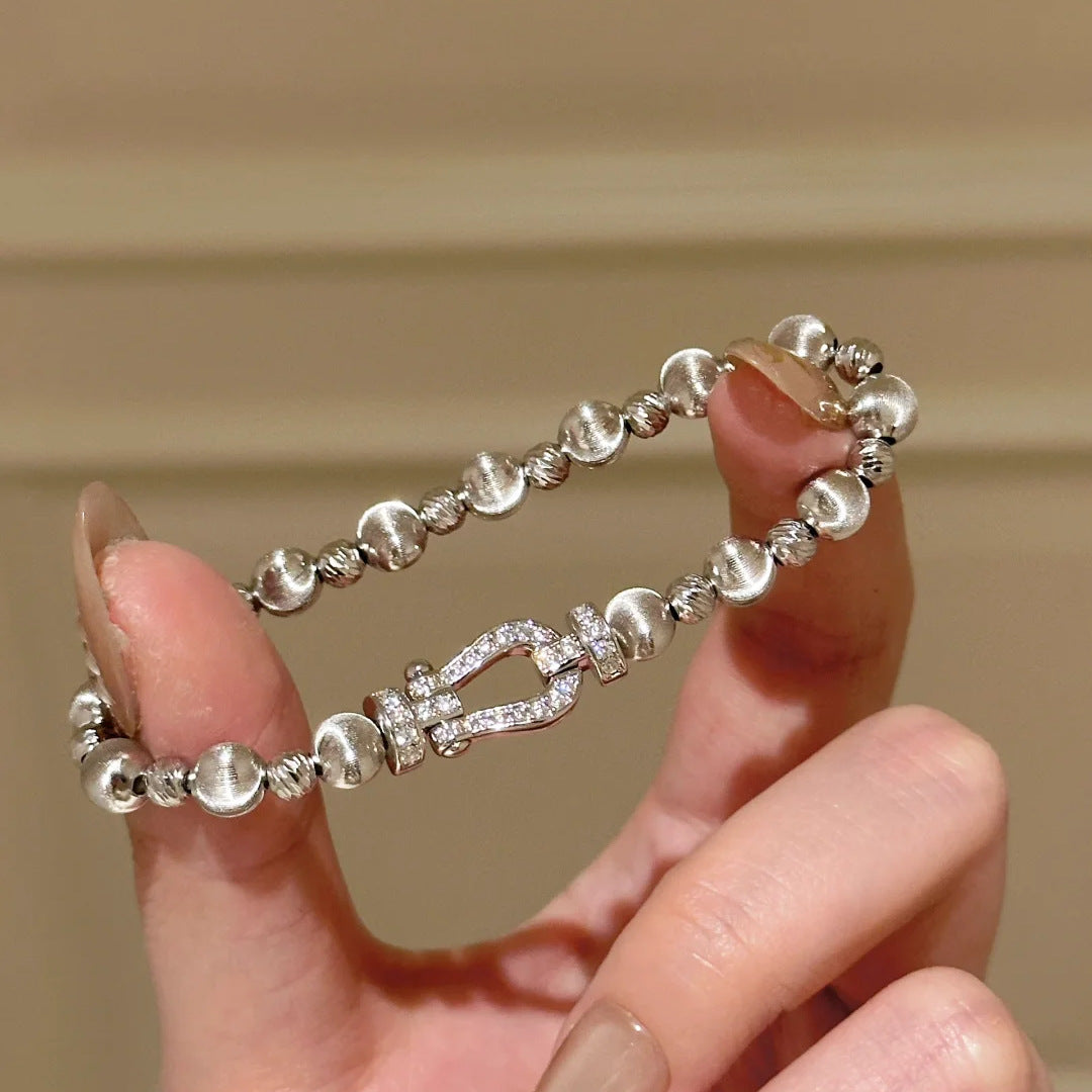 Silver Tone Brushed Bead Horseshoe U Clasp Bracelet Clear Simulated Zirconia Spring Buckle Unisex Daily Hand Ornaments