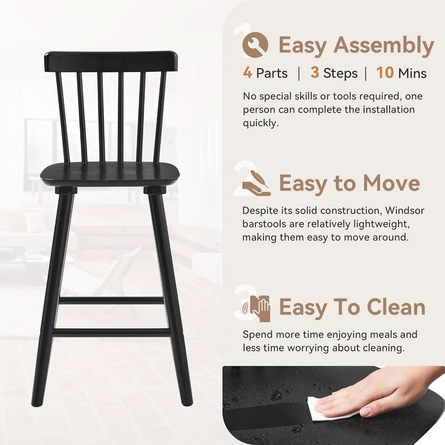 Classic Wooden Bar Stools Set of Four for Kitchen