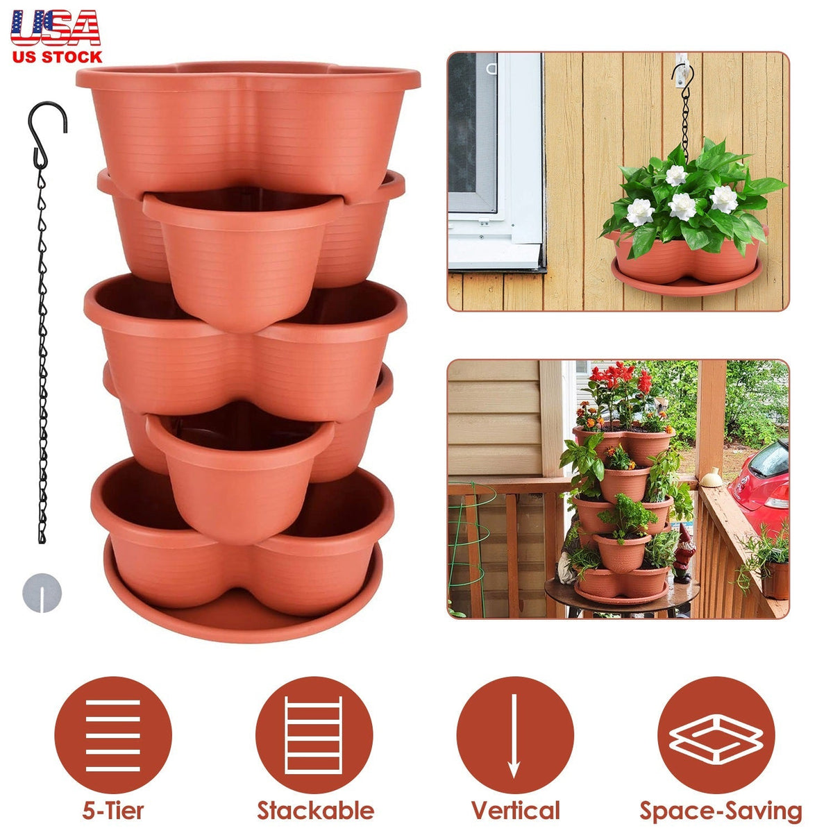 5 Tier Vertical Stackable Planter Garden Tower Stackable PlanterÊOutdoor Gardening Pots for Strawberries Flowers Herbs Vegetables