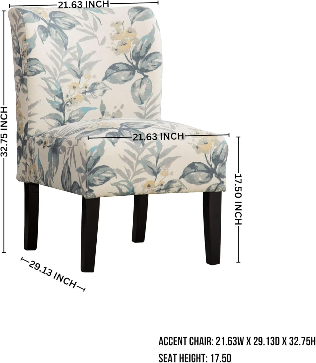 Armless Contemporary Chair With Blue Leaves Upholstery