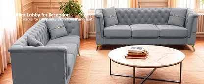 Mid-Century Velvet Sofa Set 2pc Tufted Gray Gold Legs
