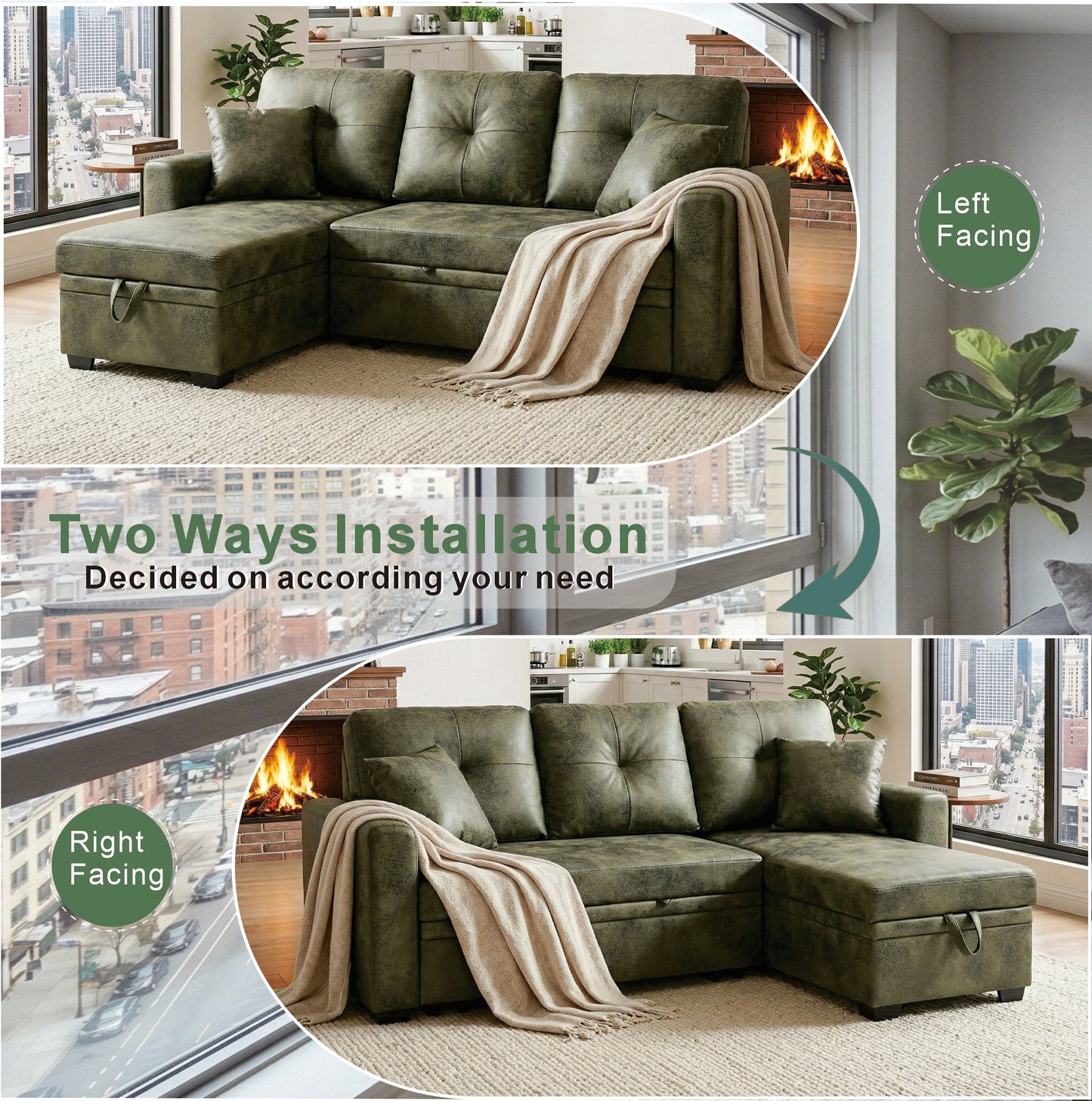 Sectional Sofa L-Shape Olive Green Sleeper 71