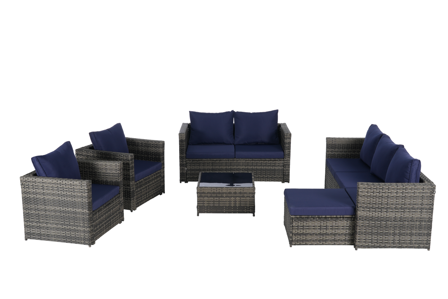 Outdoor Patio Set PE Rattan Steel Dark Blue Cushion 6 Piece Seats 8