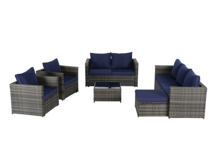 Outdoor Patio Set PE Rattan Steel Dark Blue Cushion 6 Piece Seats 8