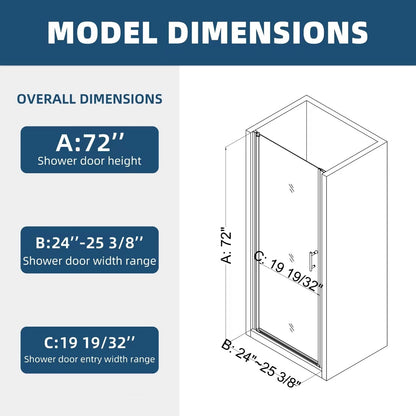 Universal Pivot Shower Door 24x72 Inch Matte Black 1/4' Tempered Glass Outswing