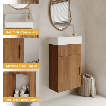 16.5 Inches Modern Floating Bathroom Vanity with Integrated Ceramic Basin Storage