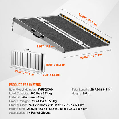 Wheelchair Ramp Aluminum 6 Ft Folding Non-Slip 800 Lb Capacity