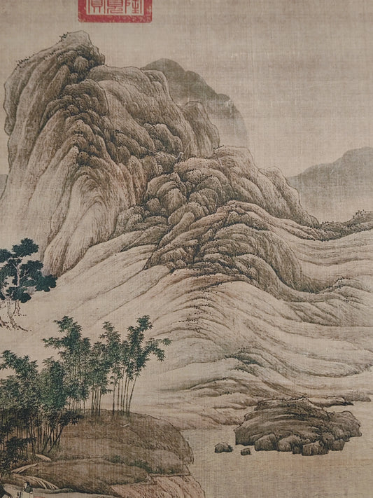 A wall scroll hanging painting of Qiu Ying's landscape on Chinese Xuan paper for the central hall decoration