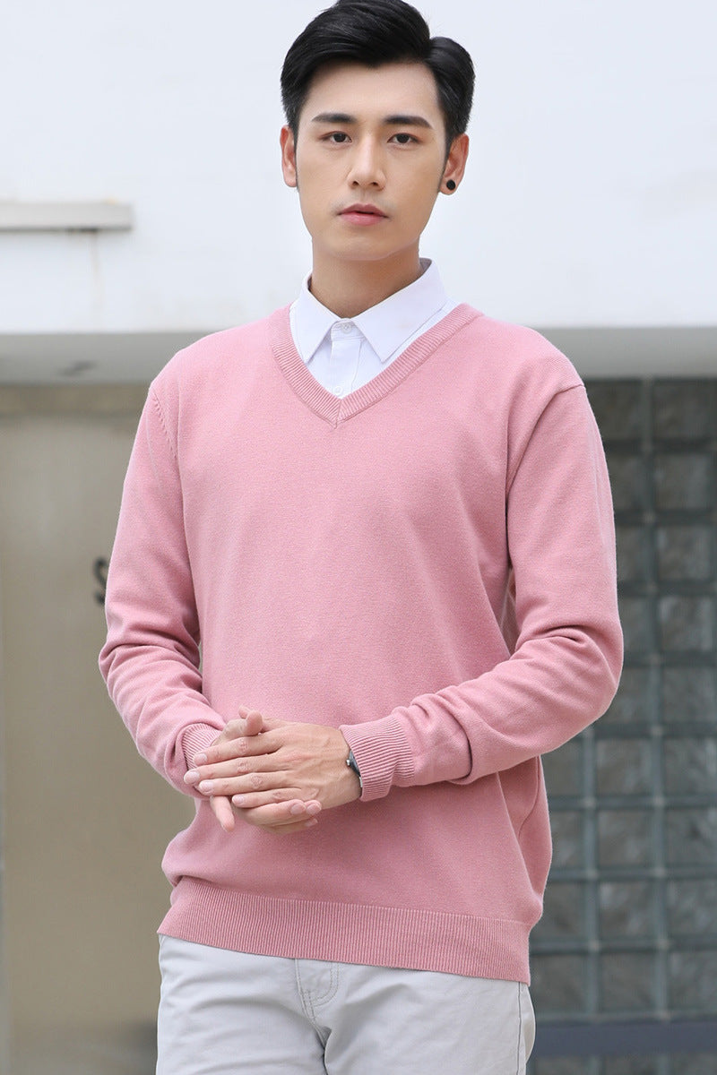Mens Loose-Fit V-Neck Sweater Thick And Warm Knitted Top