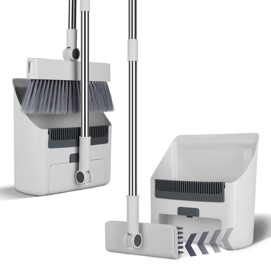 Broom And Dustpan Combo Set With Squeegee Stainless Steel Handle 4 In 1 Upright Standing Broom And Dust Pan For Indoor Outdoor Garage Kitchen Room Off
