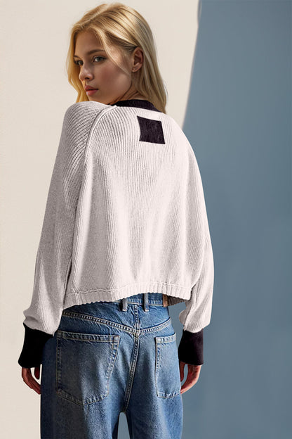 Back To School Sweater - Double Take Contrast Button Up Long Sleeve Cardigan