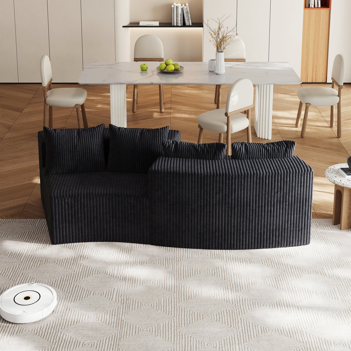 Sectional Sofa Curved Corduroy Black 2 Seat Modular No Assembly