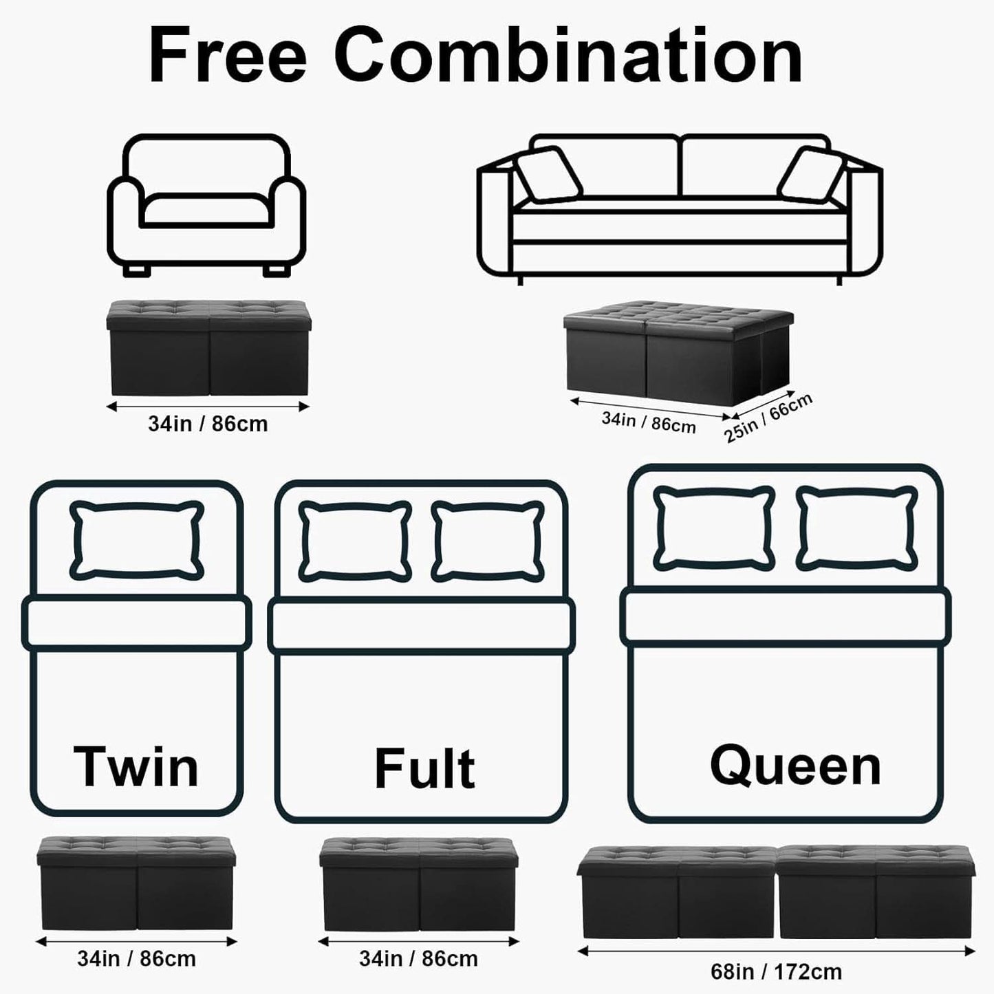 Ottoman With Premium Black Storage 34 Inch Dimension