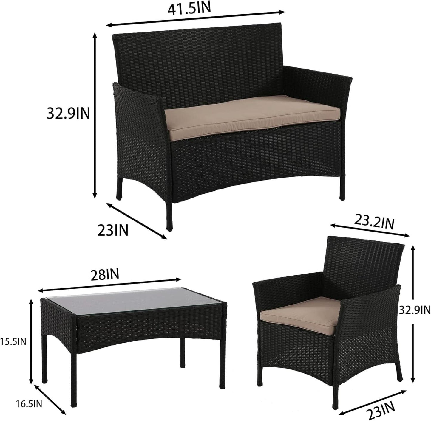 4 Piece Rattan Patio Set With Glass Table Black Cushions