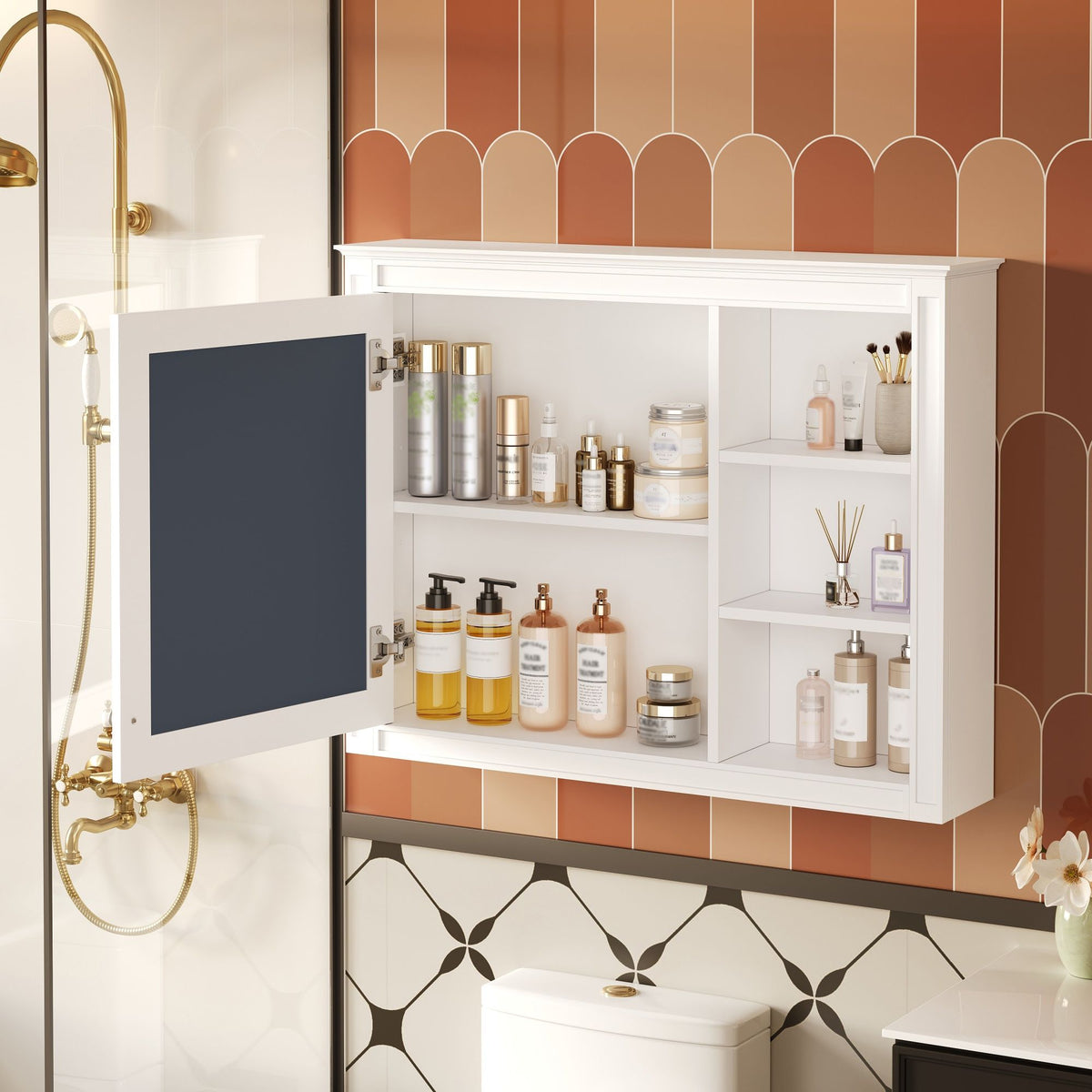 Wall Mounted Medicine Cabinet With Mirror, Adjustable Shelf - White