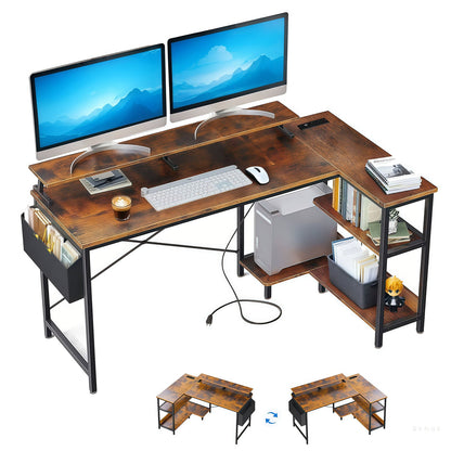 Vintage Black+Brown L Shaped Gaming Desk with Power Outlets, Monitor Stand...