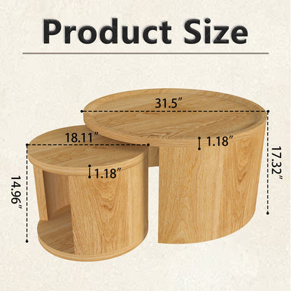 Round Nesting Coffee Table Set of 2, 31.5 and 18 in, Wood Top, Living Room