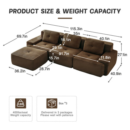 Sectional Sofa L-Shape Corduroy Brown 3 Seat Modular with Ottoman