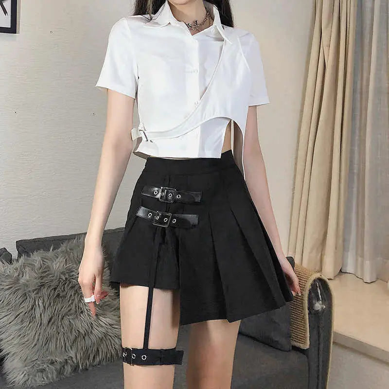Dark Leg Ring Asymmetric Pleated Skirt
