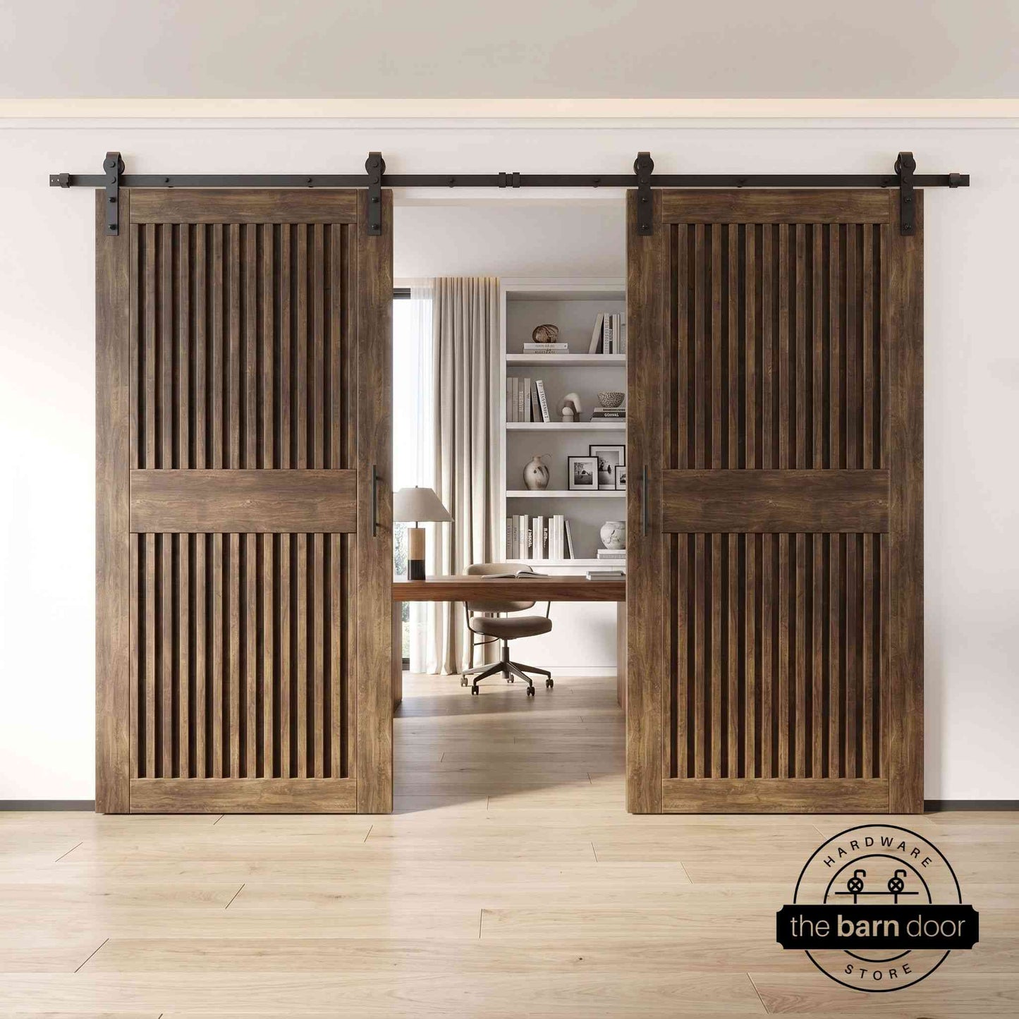 Vertical Slat Double Door Barn Door Kit | Black Barn Door Hardware