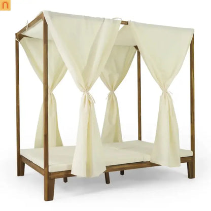 Outdoor Daybed Acacia Wood Teak Chaise Lounge with Curtains 79in