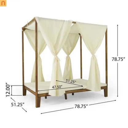 Outdoor Daybed Acacia Wood Teak Chaise Lounge with Curtains 79in