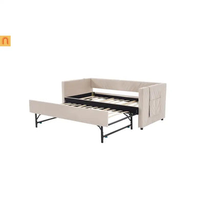 Chaise Lounge Velvet Beige Twin Trundle USB Port Side Pockets