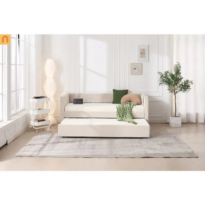Chaise Lounge Velvet Beige Twin Trundle USB Port Side Pockets