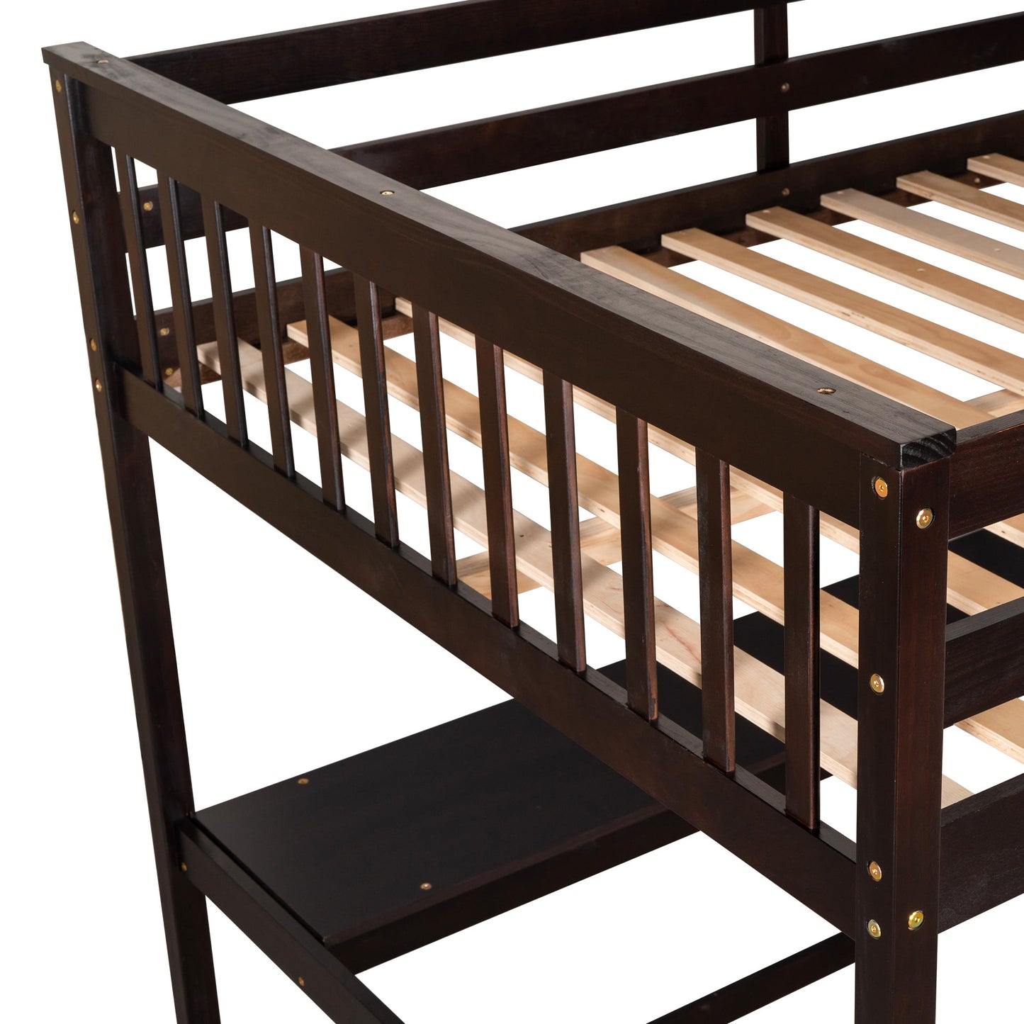 Espresso Full Size Loft Bed with Storage Shelves and Under-bed Desk, Solid Pi...