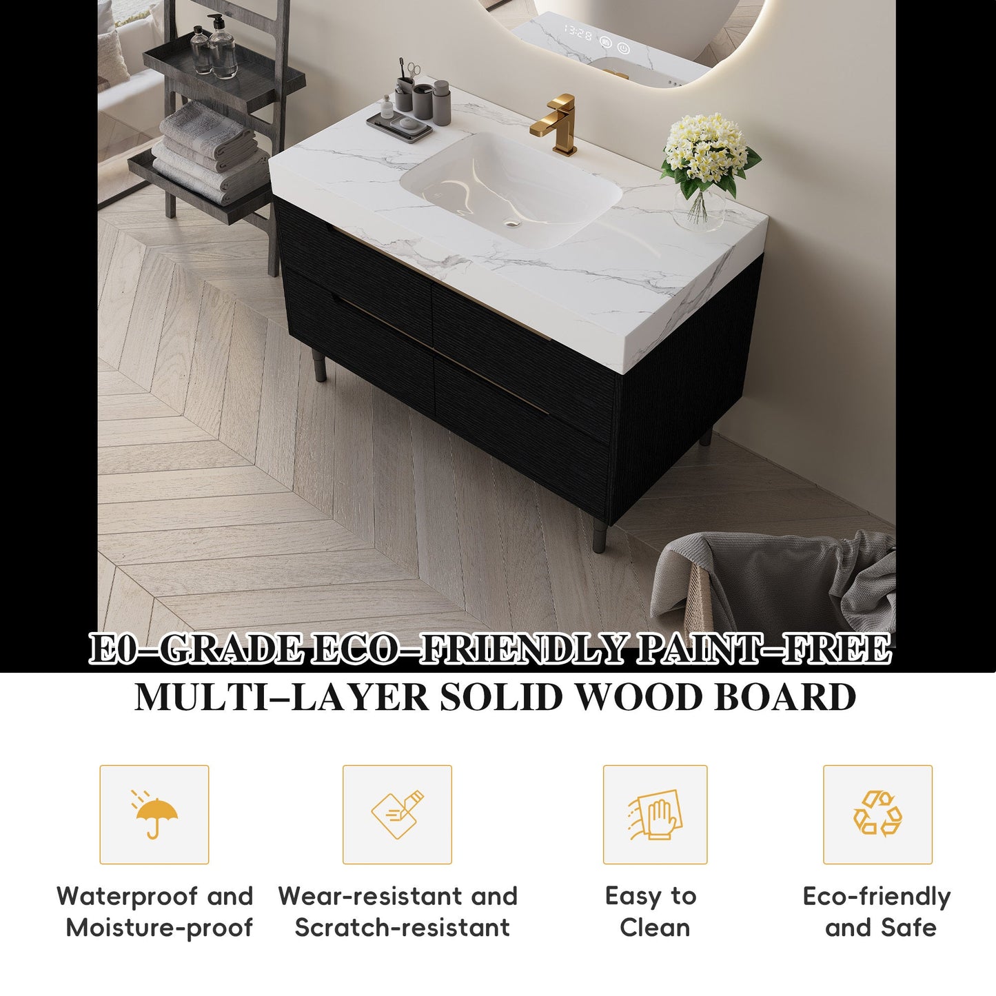 35.4' Modern Bathroom Vanity with Undermount Sink, Sintered Stone Top, Waterp...