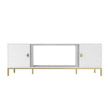 TV Stand Fireplace Space MDF White Honeycomb Door Gold Legs 80 LB 70 In
