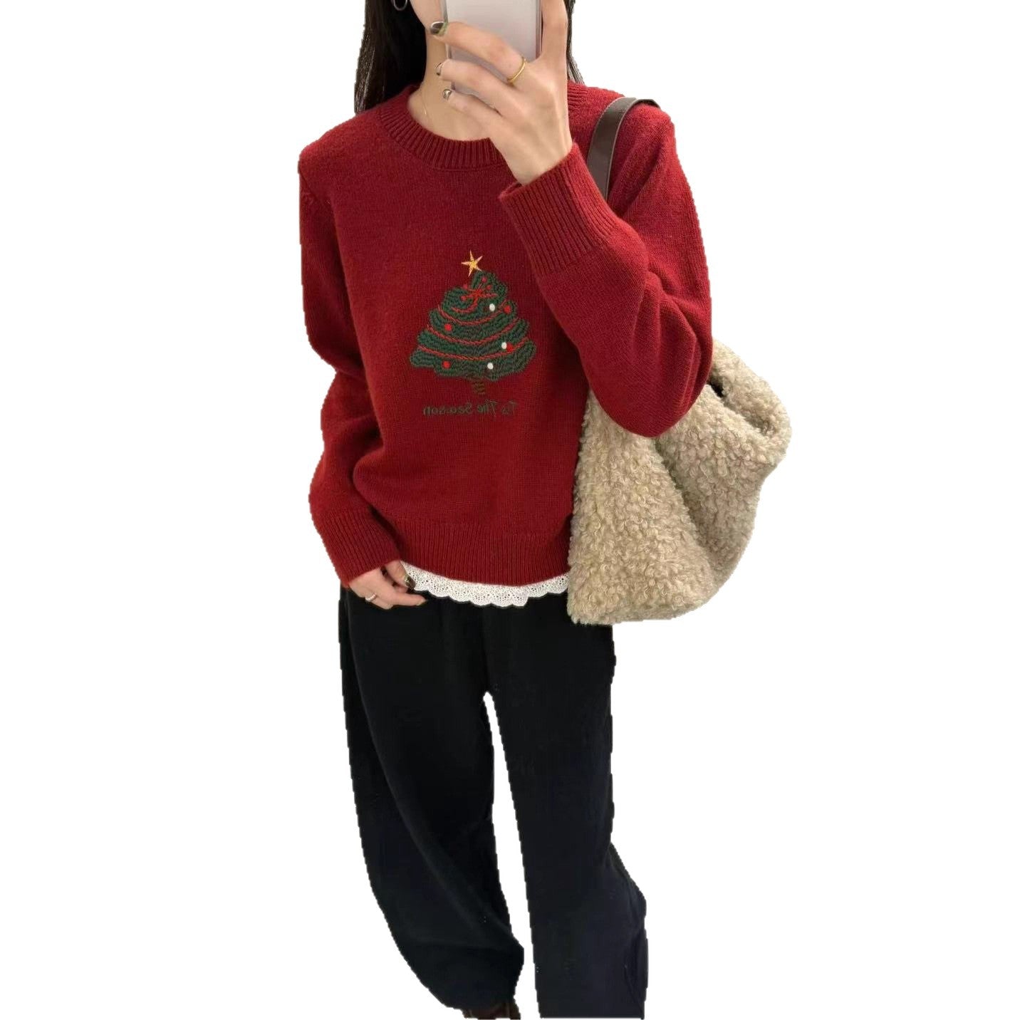 Womens Christmas Tree-Print Thermal Lace-Patchwork Sweater Preppy-Style Pullover Sweater