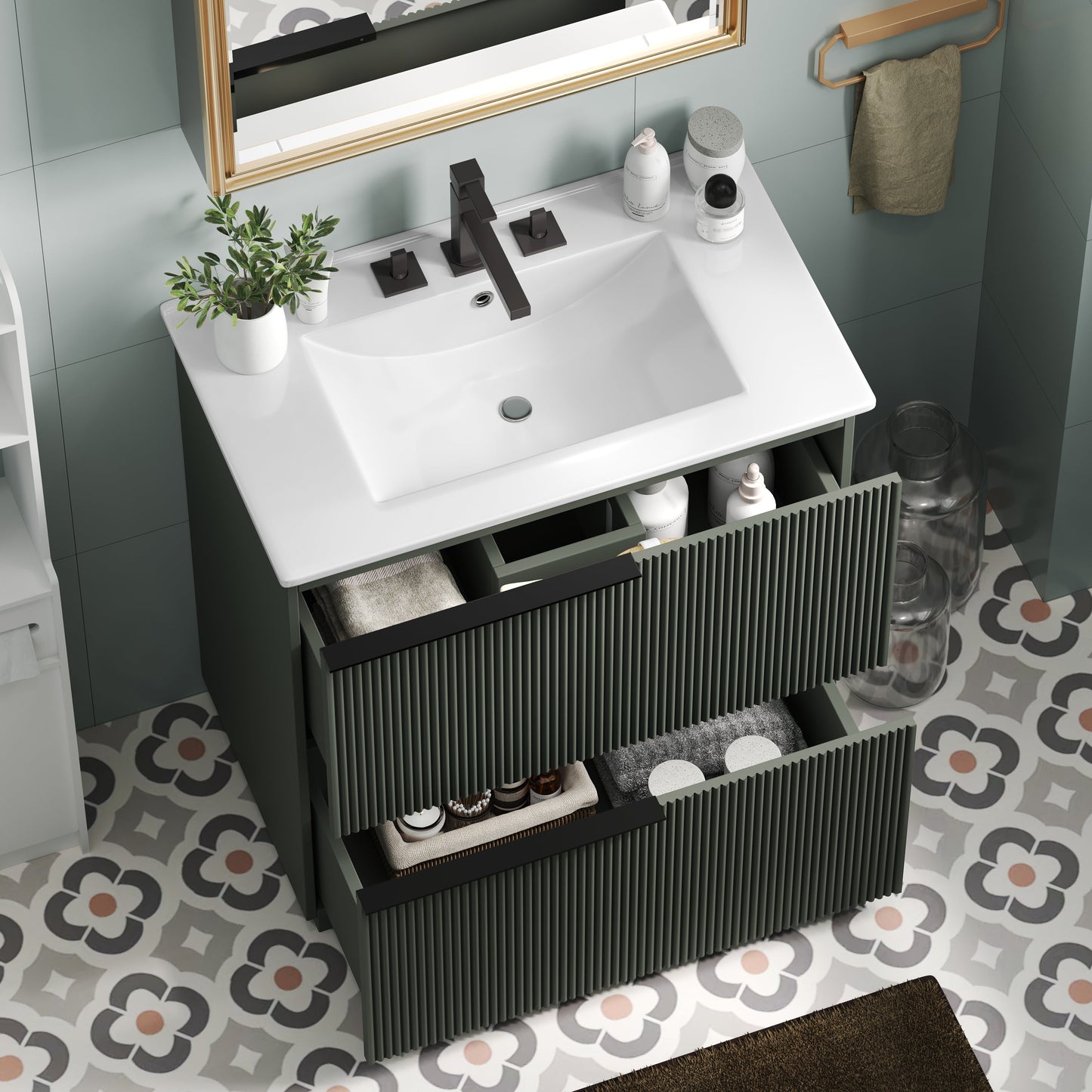 Green Fluted Bathroom Vanity with Ceramic Sink, 30' Full-Extension Drawers, S...