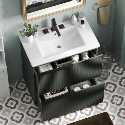 Green Fluted Bathroom Vanity with Ceramic Sink, 30' Full-Extension Drawers, S...