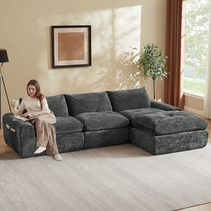Sofa Modern Chenille Dark Gray 4 Seat Built-In Footrest 119 In