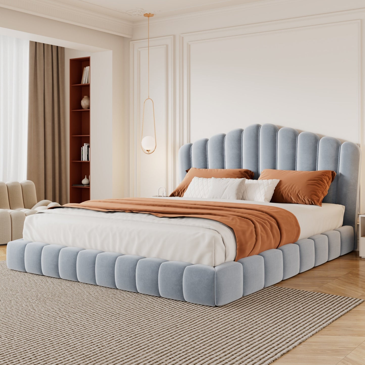 Velvet Upholstered Queen Bed Frame with Shell-Shaped Headboard, Light Blue