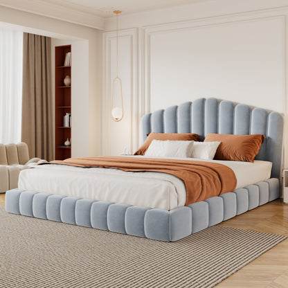 Velvet Upholstered Queen Bed Frame with Shell-Shaped Headboard, Light Blue