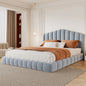Velvet Upholstered Queen Bed Frame with Shell-Shaped Headboard, Light Blue