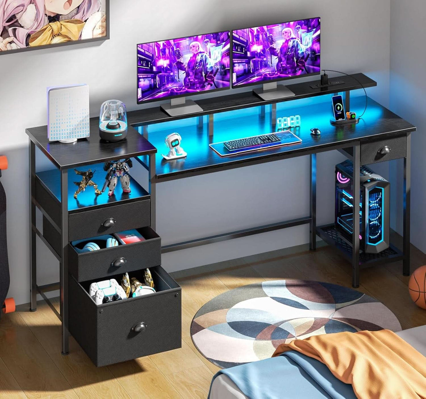 Black 60 Inch Computer Desk With 4 Drawers And Led Lights