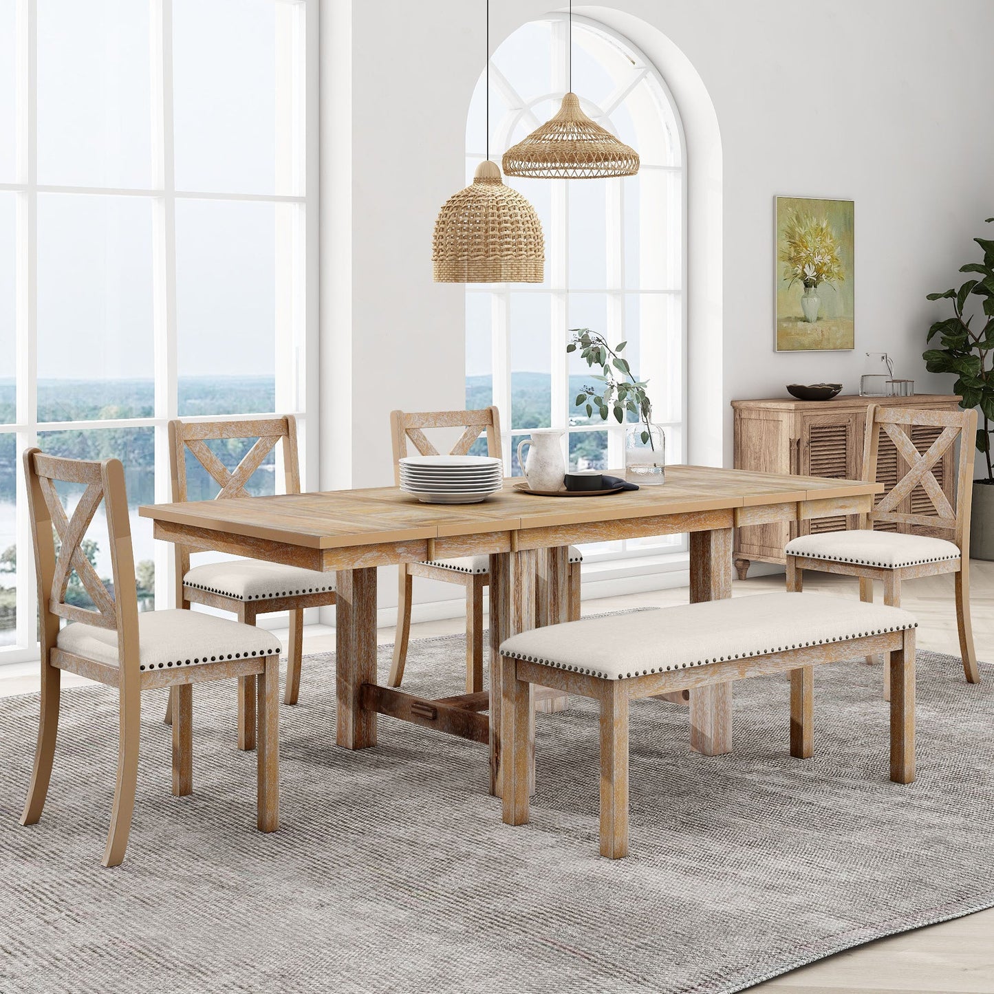 Farmhouse 82inch 6-Piece Extendable Dining Table with Footrest, 4 Upholstered