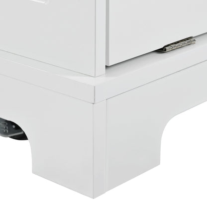 K&K Fluted Kitchen Island with Trash Can Storage Cabinet, Power Outlet, Internal Storage Rack, Rolling Kitchen Islands on 5 Wheels with 3 Drawer, 3 Open Side Racks for 10 Gallon Garbage Bin, White