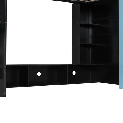 Twin Size Wood Loft Bed with Desk, Multi-storage Shelves and RGB Light, Cloud