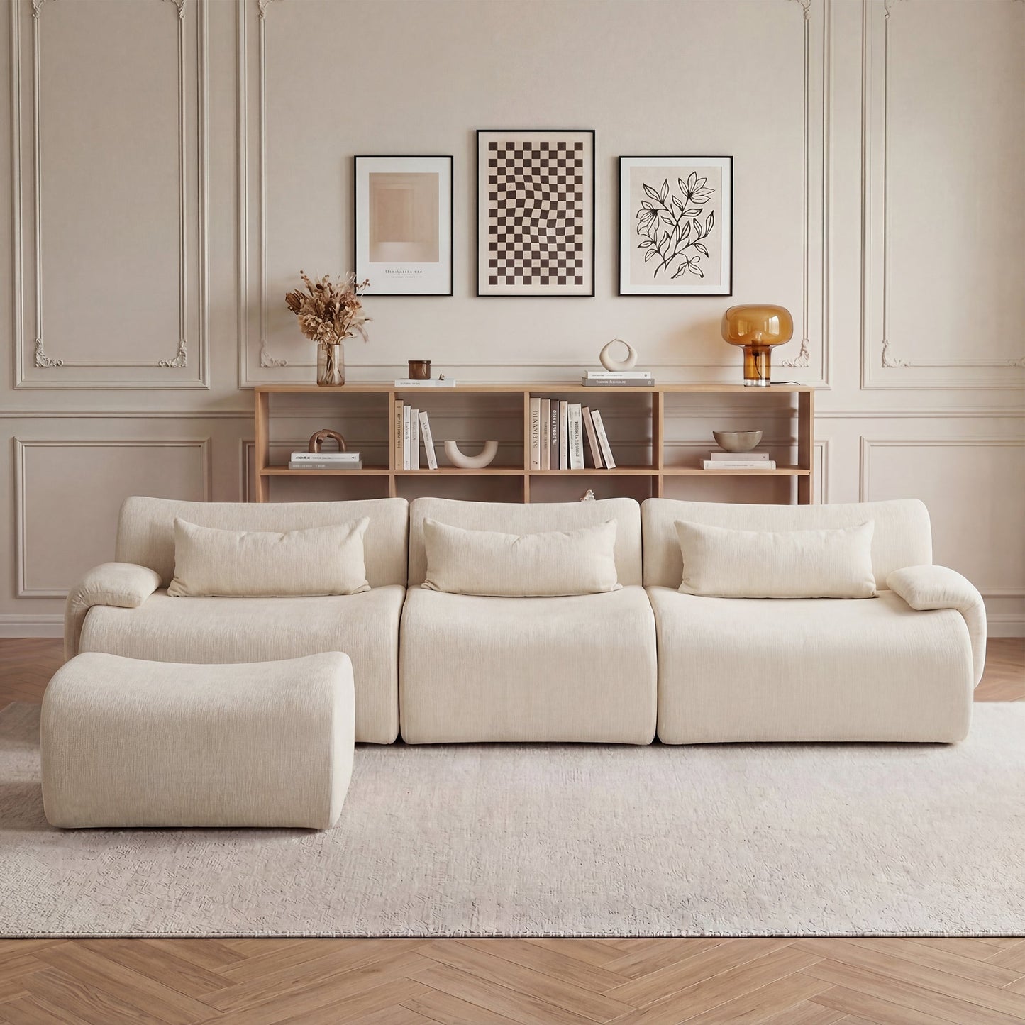 Sofa Curved White 3 Seat Anti-Slip 118 In No Assembly High-Density Foam