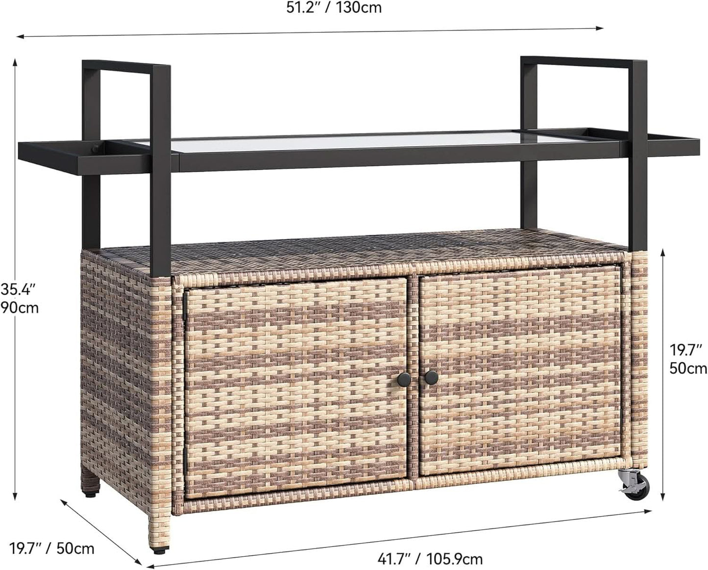 Large Outdoor Kitchen Rolling Cart With Black Glass Top