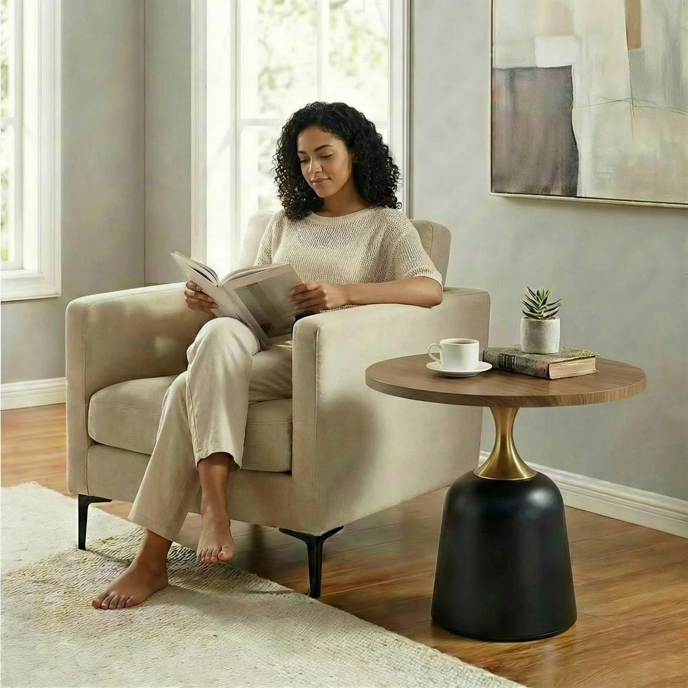 23.6 in Round Side Table, Metal Base, Walnut Wood Grain, Living Room Office