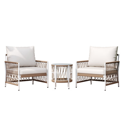 Outdoor Patio Set Bohemian Rope Steel Beige 3 Piece Glass Top Table