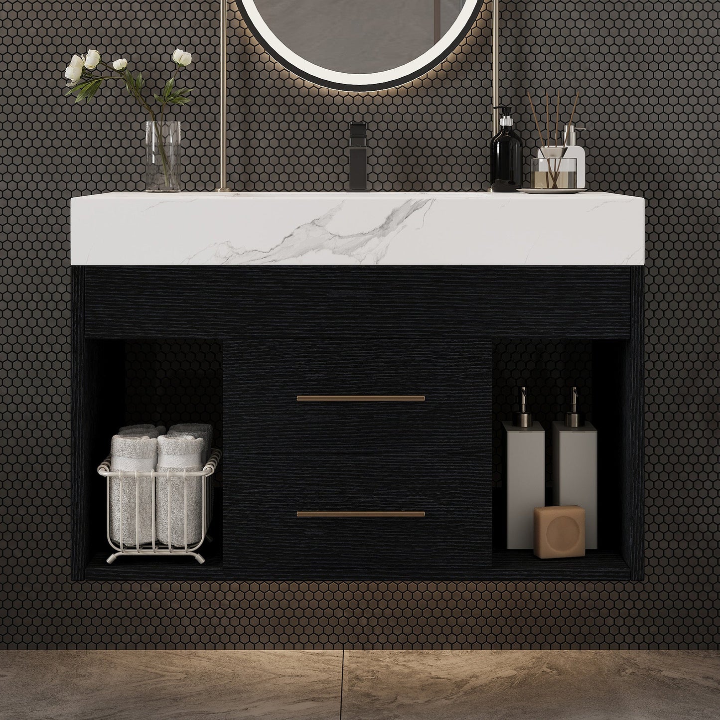 29.9' Modern Floating Bathroom Vanity with Sintered Stone Top Ceramic Undermo...
