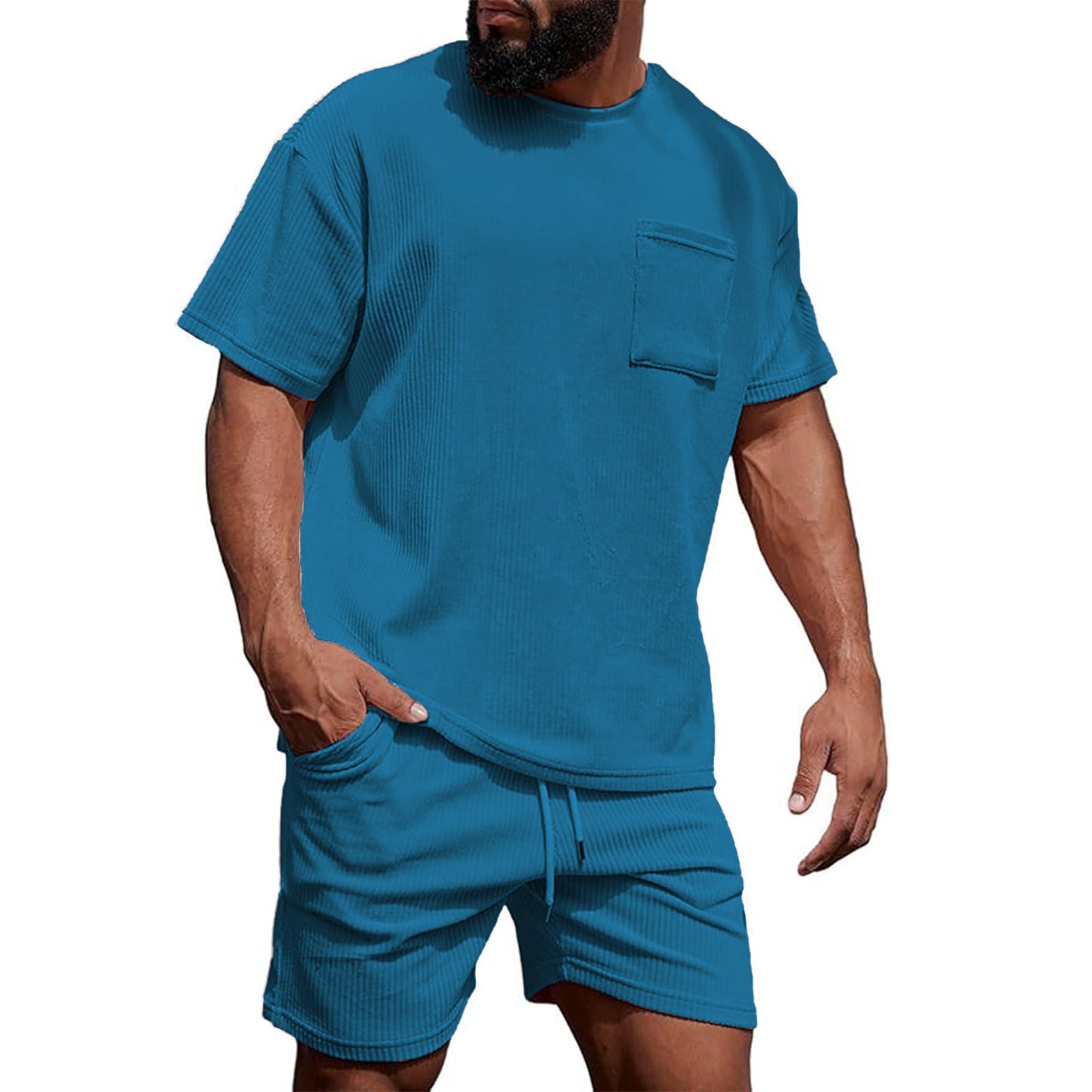Mens Corduroy Casual Crew-Neck Shorts Set