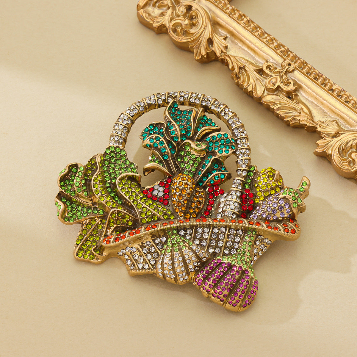 Heavy-industry Rhinestone Fruit Basket Brooch Vintage Distressed Style