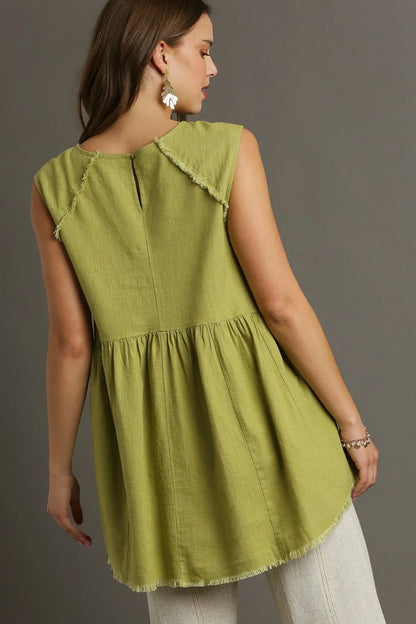 Umgee Full Size Raw Hem Linen Round Neck Sleeveless Top Plus Size
